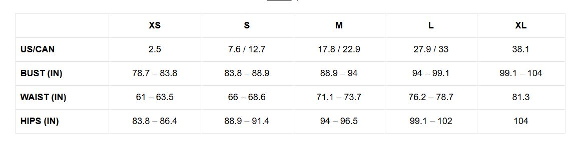 Size chart in inches
