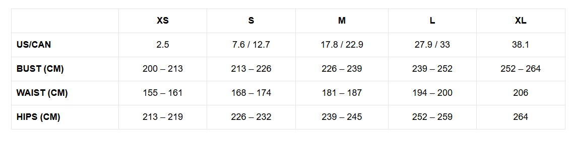 Size chart in centimeters